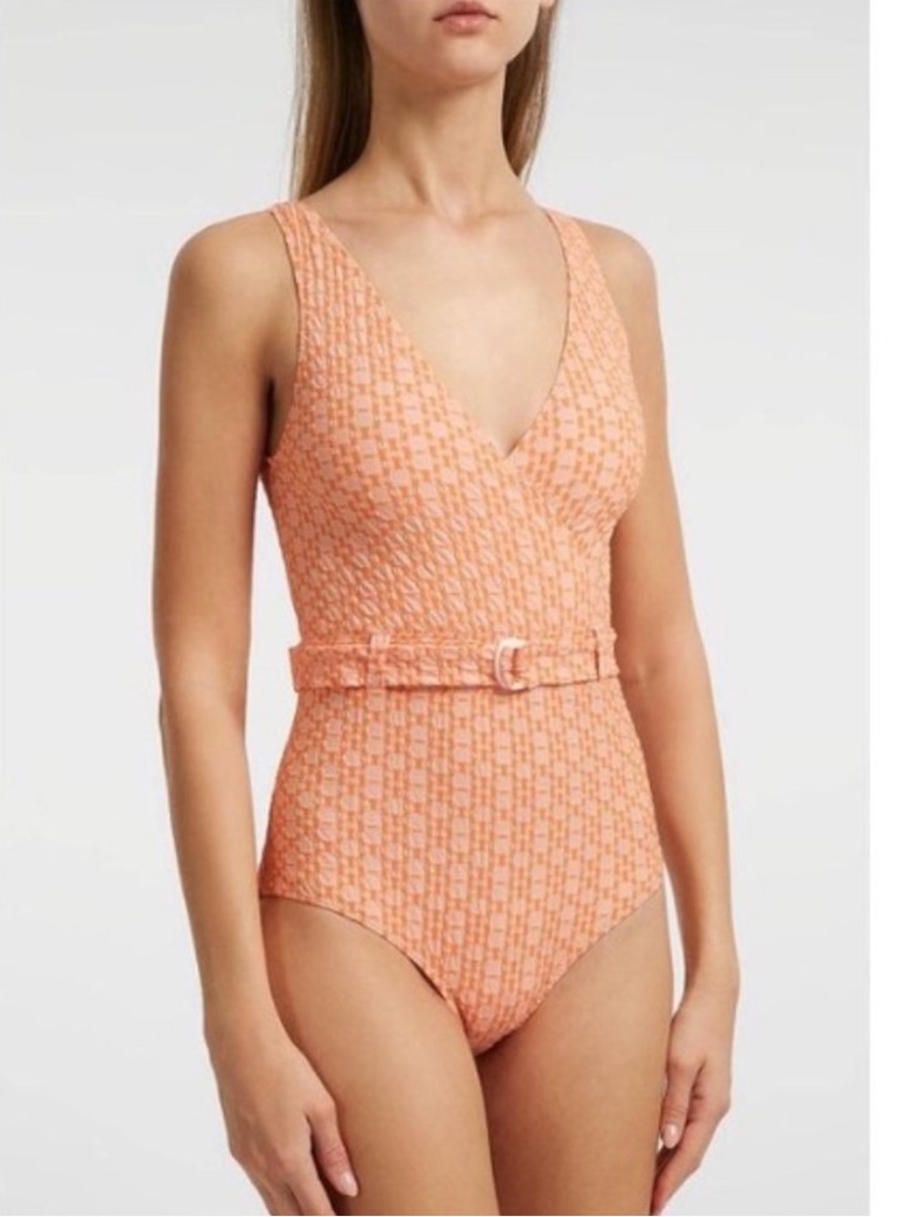 Lisa Marie Fernandez || Seersucker‎ V-Neck One Piece Swimsuit Maillot Orange 6-8
